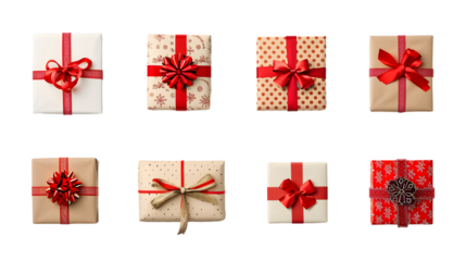 Set of single Christmas gift boxes isolated on transparent background