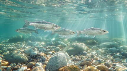 Shoal of Grey Mullet Swimming in Sunlit Waters underwater sunlight rays, natural habitat of fish,...