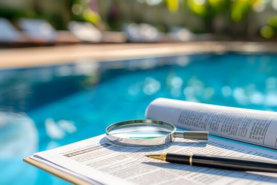 documents with a magnifying glass beside the swimming pool. swimming pool inspection concept