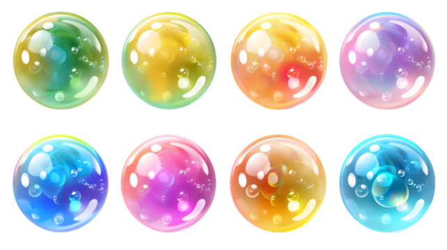 Set of realistic transparent colorful soap bubbles with rainbow reflection isolated on transparent background