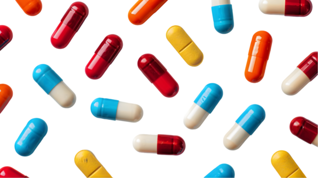 Set of scattered capsules on a white background. capsule bottles isolated on transparent background