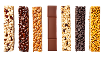 Set with different delicious granola protein bars isolated on transparent background