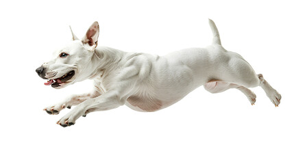 Healthy Bull Terrier dog jumping, isolated on transparent background - obrazy, fototapety, plakaty