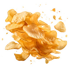 Flying delicious potato chips, isolated on white and transparent background