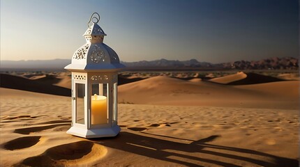 a solitary white lantern illuminates the vast expanse of a desert, casting a serene glow against the backdrop of the endless sand dunes