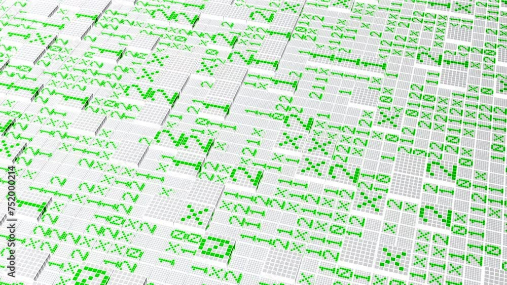 Poster abstract mosaic square tiles, creative coding. motion. tiles with numbers with code.