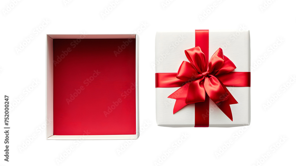Poster white gift box open with blank red bottom box or top view of present box tied with red ribbon and bo