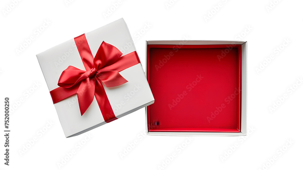 Poster white gift box open with blank red bottom box or top view of present box tied with red ribbon and bo