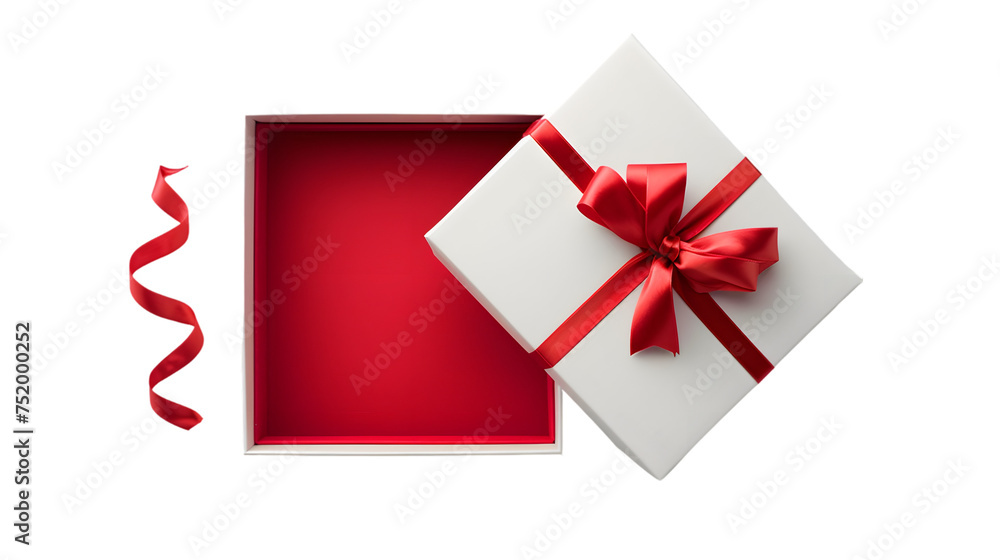 Poster white gift box open with blank red bottom box or top view of present box tied with red ribbon and bo