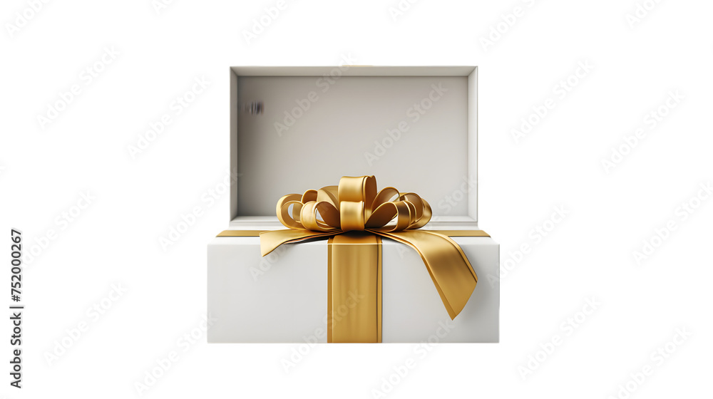 Poster white present box open with blank golden bottom box or blank opened gift box tied with gold ribbon a