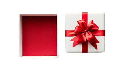 White gift box open with blank red bottom box or top view of present box tied with red ribbon and bow isolated on transparent background