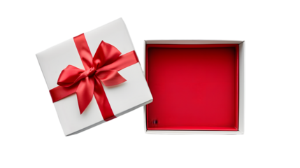 White gift box open with blank red bottom box or top view of present box tied with red ribbon and bow isolated on transparent background
