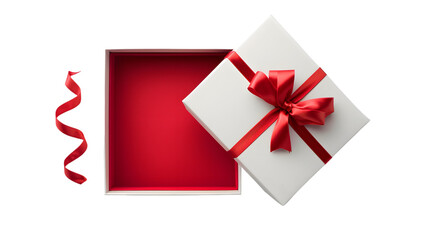 White gift box open with blank red bottom box or top view of present box tied with red ribbon and bow isolated on transparent background