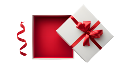 White gift box open with blank red bottom box or top view of present box tied with red ribbon and bow isolated on transparent background