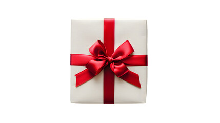 White gift box or top view of white present box tied with red ribbon bow isolated on transparent background