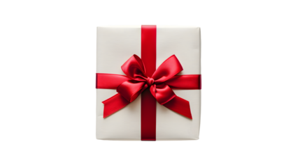 White gift box or top view of white present box tied with red ribbon bow isolated on transparent background