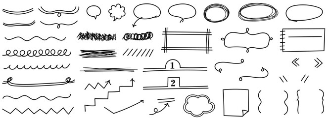 手書きのふきだし、フレーム、矢印セット　ベクターイラスト素材　モノクロ　黒　白背景　アンダーライン、区切り線