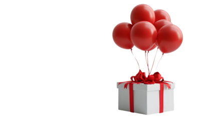 White present box with red ribbon bow or gift box with red balloons isolated on transparent background