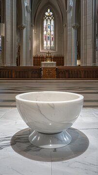 Minimalist white marble baptismal font in a cathedral setting showcasing clean lines and spiritual simplicity