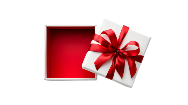 White gift box open with blank red bottom box or top view of present box tied with red ribbon and bow isolated on transparent background