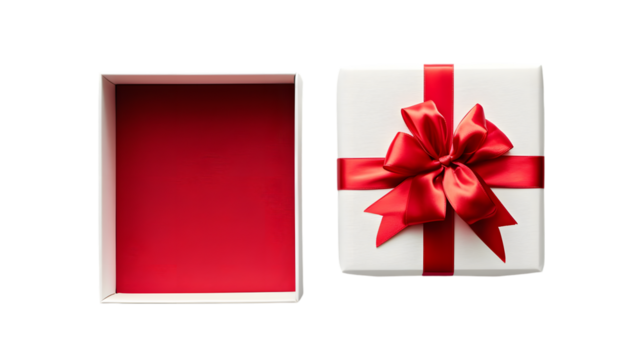 White gift box open with blank red bottom box or top view of present box tied with red ribbon and bow isolated on transparent background