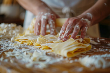 Close-up of hands making fresh fettuccine pasta with flour on a rustic kitchen table. - obrazy, fototapety, plakaty