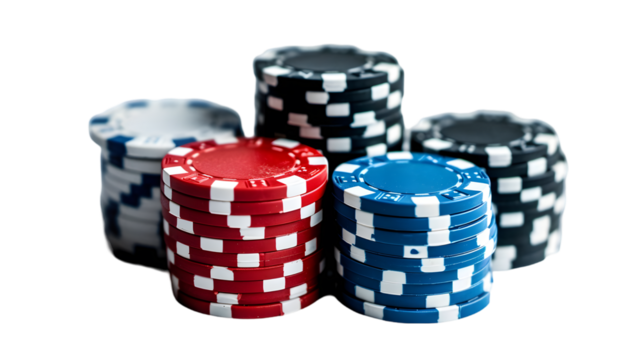 Stacks of poker casino chips isolated on transparent background