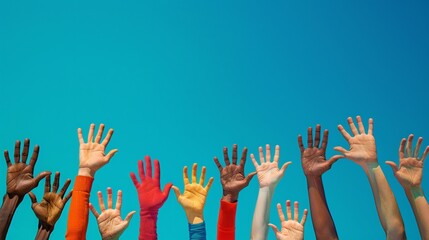 A vibrant display of raised hands with different skin tones against a clear blue sky, symbolizing diversity and unity.