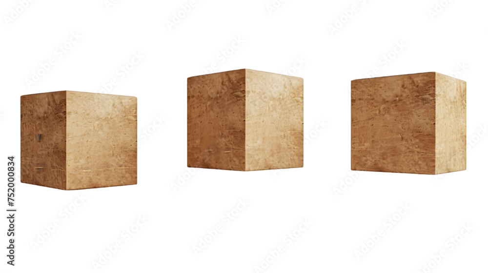 Poster three levitating closed cardboard boxes from different angles isolated on transparent background