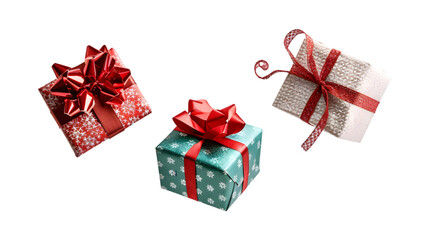three small Christmas gifts and star shaped confetti isolated on transparent background
