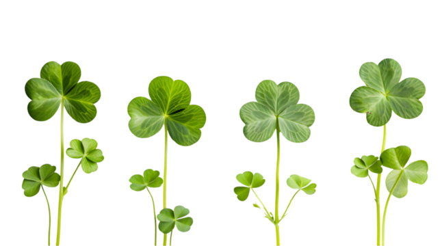 three-leaf and four-leaf clover in a row isolated on transparent background