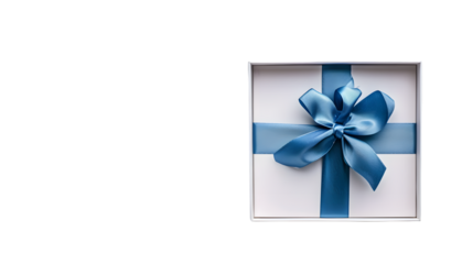 Top view of blank open white gift box with blue bottom inside or opened blue present box with blue ribbon and bow isolated on transparent background