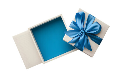 Top view of blank open white gift box with blue bottom inside or opened blue present box with blue ribbon and bow isolated on transparent background