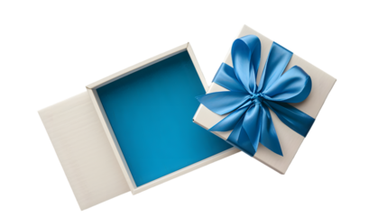 Top view of blank open white gift box with blue bottom inside or opened blue present box with blue ribbon and bow isolated on transparent background