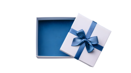 Top view of blank open white gift box with blue bottom inside or opened blue present box with blue ribbon and bow isolated on transparent background