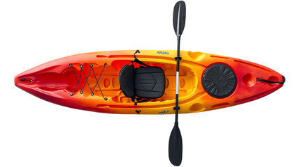 Top view of plastic whitewater kayak with a paddle isolated on transparent background