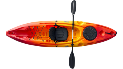 Top view of plastic whitewater kayak with a paddle isolated on transparent background
