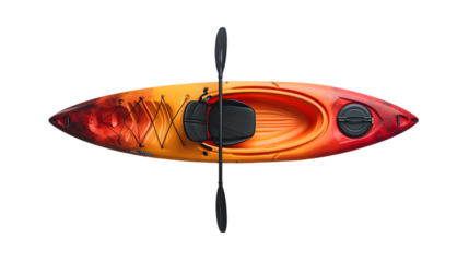 Top view of plastic whitewater kayak with a paddle isolated on transparent background