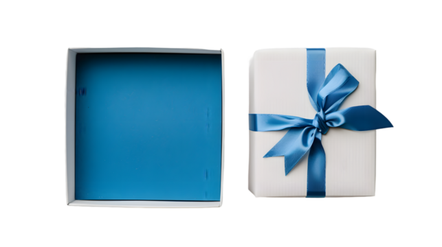 Top view of blank open white gift box with blue bottom inside or opened blue present box with blue ribbon and bow isolated on transparent background