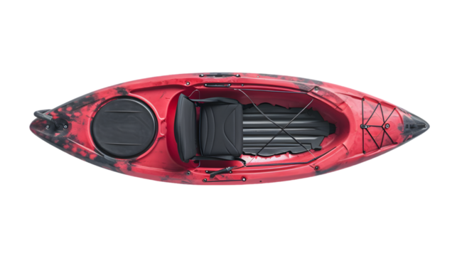 Top view of plastic whitewater kayak with a paddle isolated on transparent background