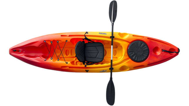 Top view of plastic whitewater kayak with a paddle isolated on transparent background
