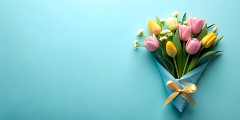 Vibrant Tulips on a Light Blue Backdrop with copy space