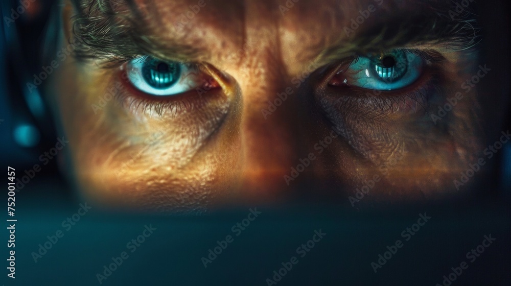Aufkleber an intense gaze from behind a computer monitor filled with determination and focus.