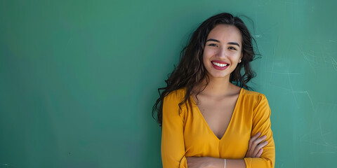 Happy, arms crossed and portrait of latina young woman on green background for confident, fashion and elegant style, copy space - obrazy, fototapety, plakaty