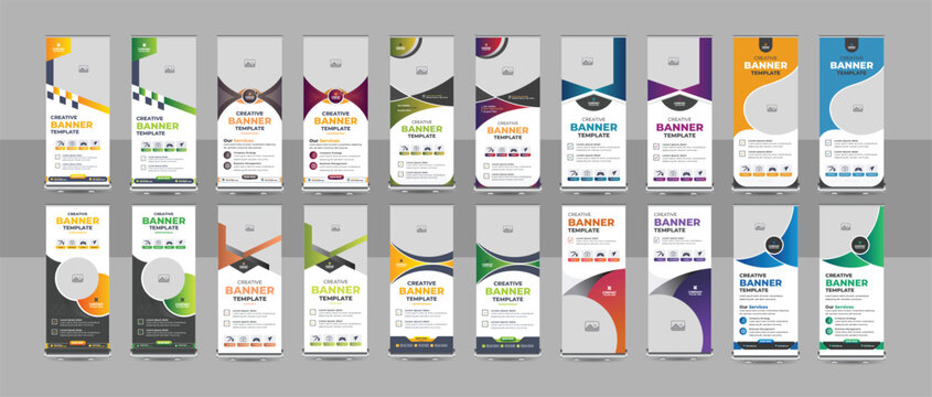 Roll up banner design template or Modern standee bundle, flag banner, pull up design set for print media