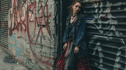 A fashion shoot in a gritty urban alleyway featuring a mix of haute couture and distressed denim.