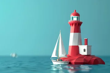 Fotobehang Lighthouse and Sailboat in the concept of maritime navigation © toonsteb