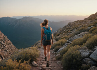 Fototapeta premium Female Hiker Trekking on Mountain Trail at Sunset