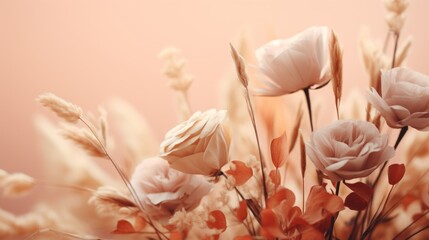 Soft-focus image of delicate wheat ears with a dreamy aesthetic against a warm-toned backdrop