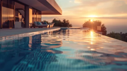Papier Peint photo Lavable Réflexion Contemporary infinity pool reflecting sunset hues, blending modern architecture with tranquil sea